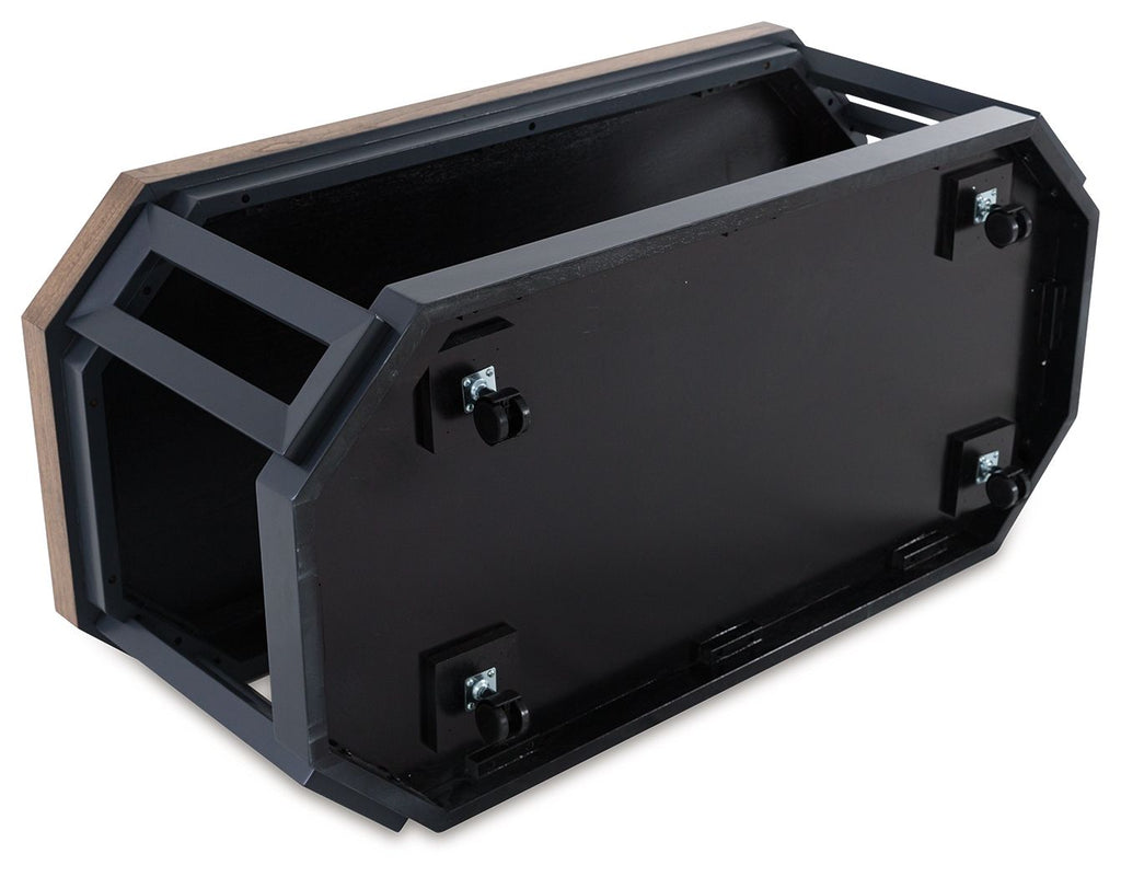 Occasional table underside view with dark metal frame and wood top edge