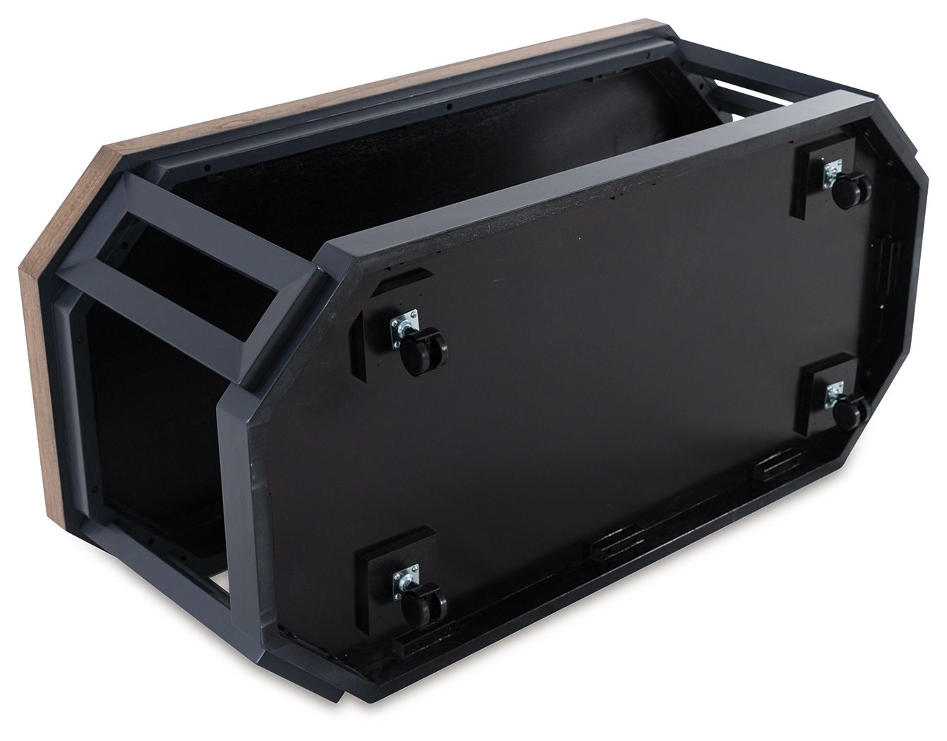 Occasional table underside view with dark metal frame and wood top edge