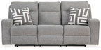 Pewter power reclining sofa with gray fabric, three seat cushions, and adjustable headrests