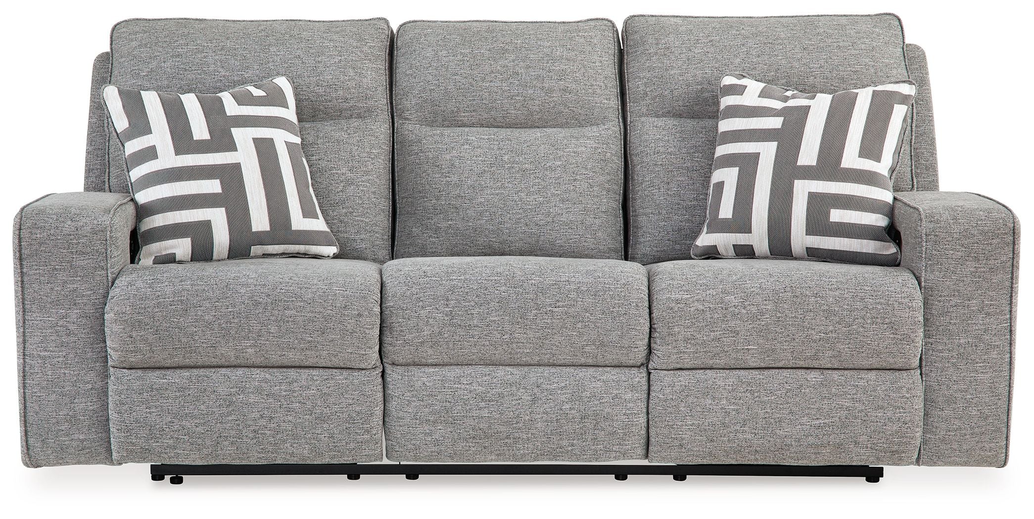 Pewter power reclining sofa with gray fabric, three seat cushions, and adjustable headrests