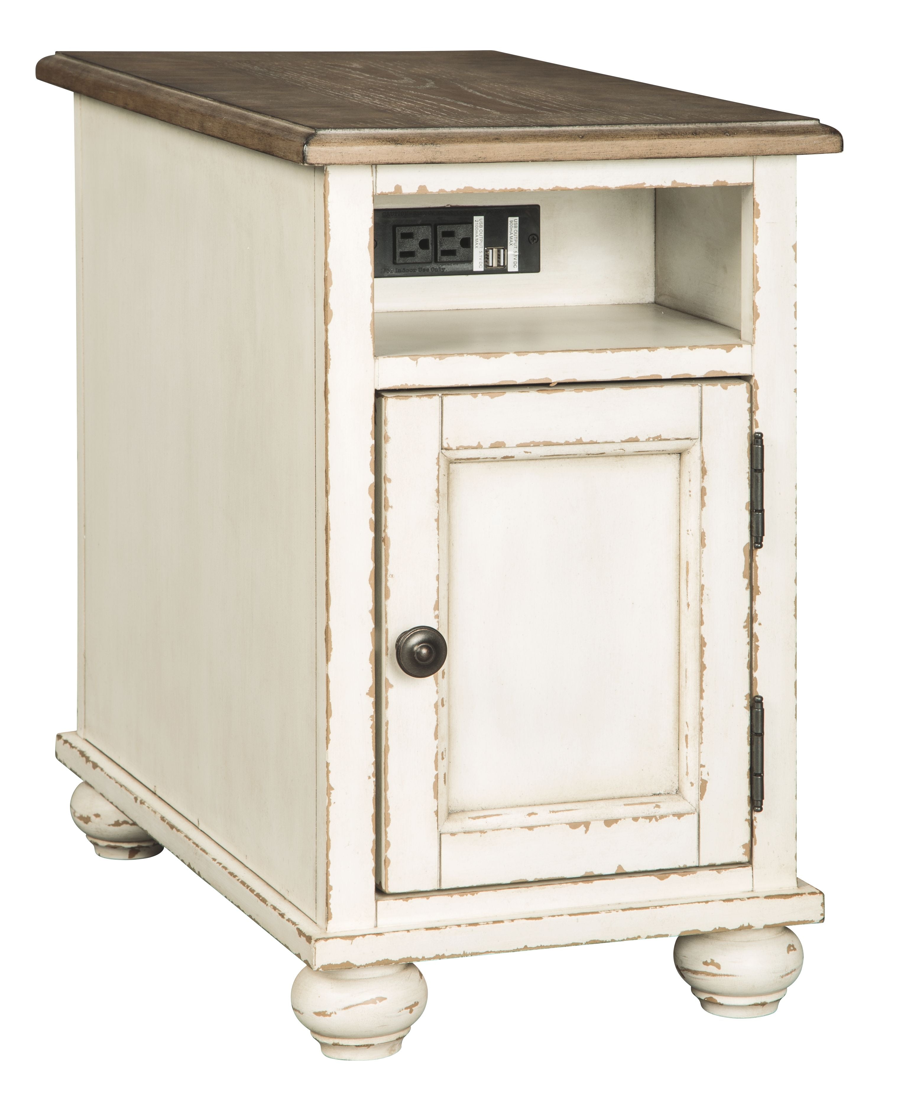 White chair side end table with dark brown top, power/USB panel, cabinet door
