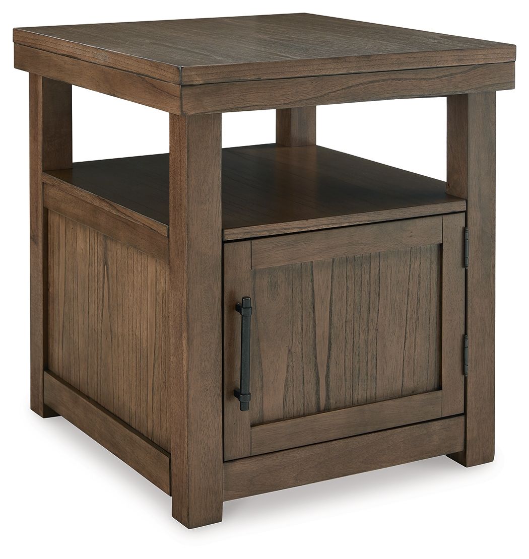 Rectangular end table in dark brown wood with cabinet door and open lower shelf