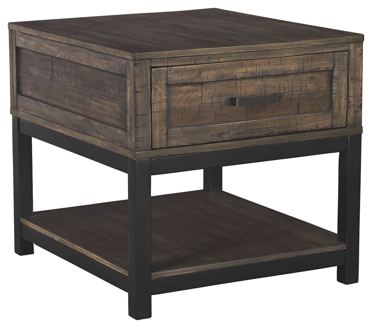 Gray-brown rectangular end table with drawer and lower shelf.