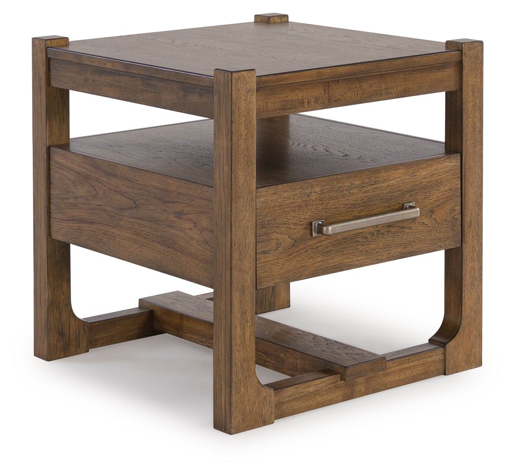 Light brown square end table with two open shelves and a front drawer