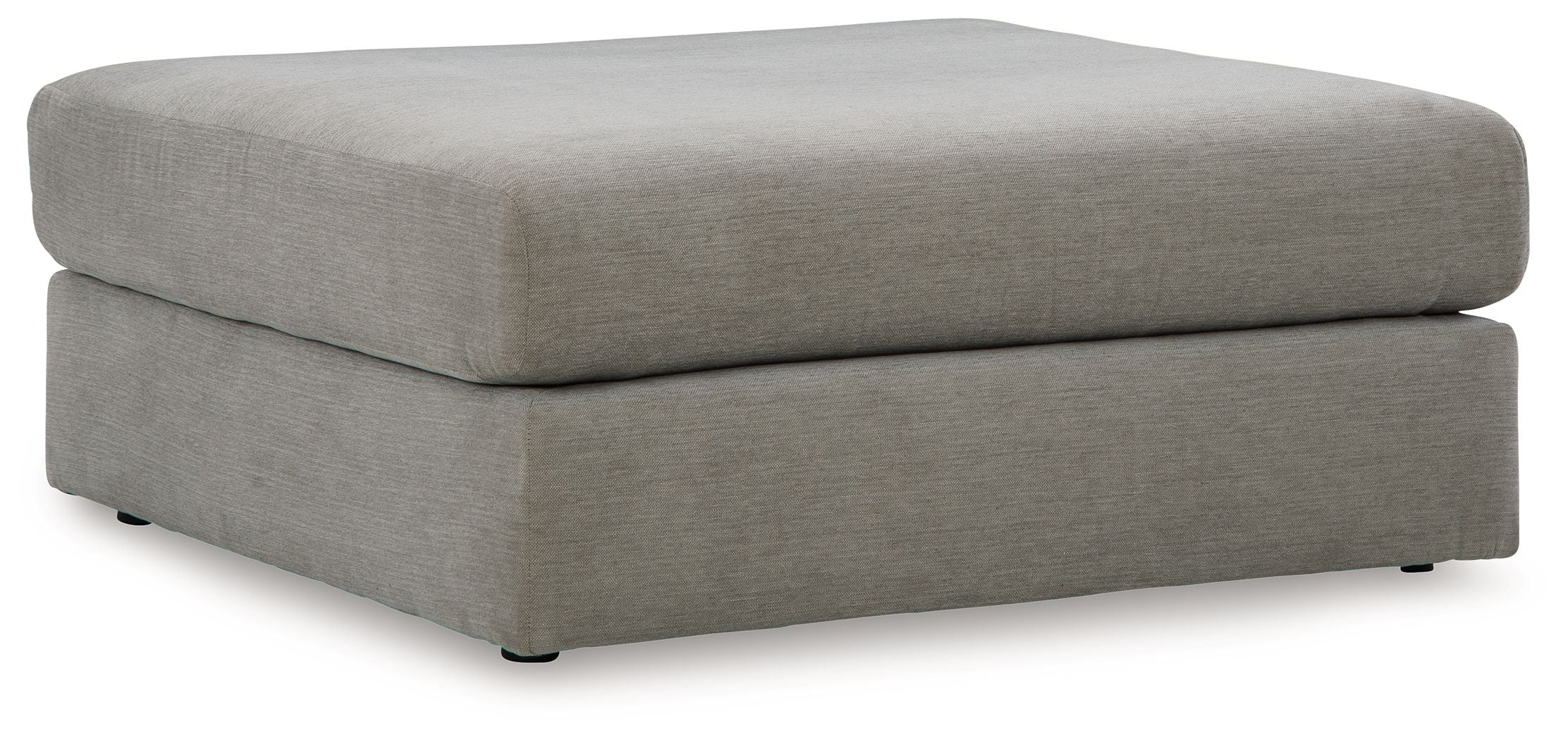 Upholstered ottoman in ash gray with rounded square top and low block feet