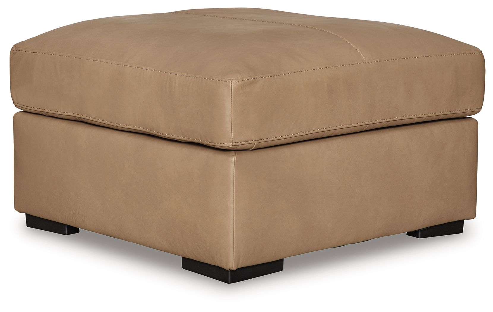 Toffee leather-look oversized accent ottoman with square padded top and tapered sides