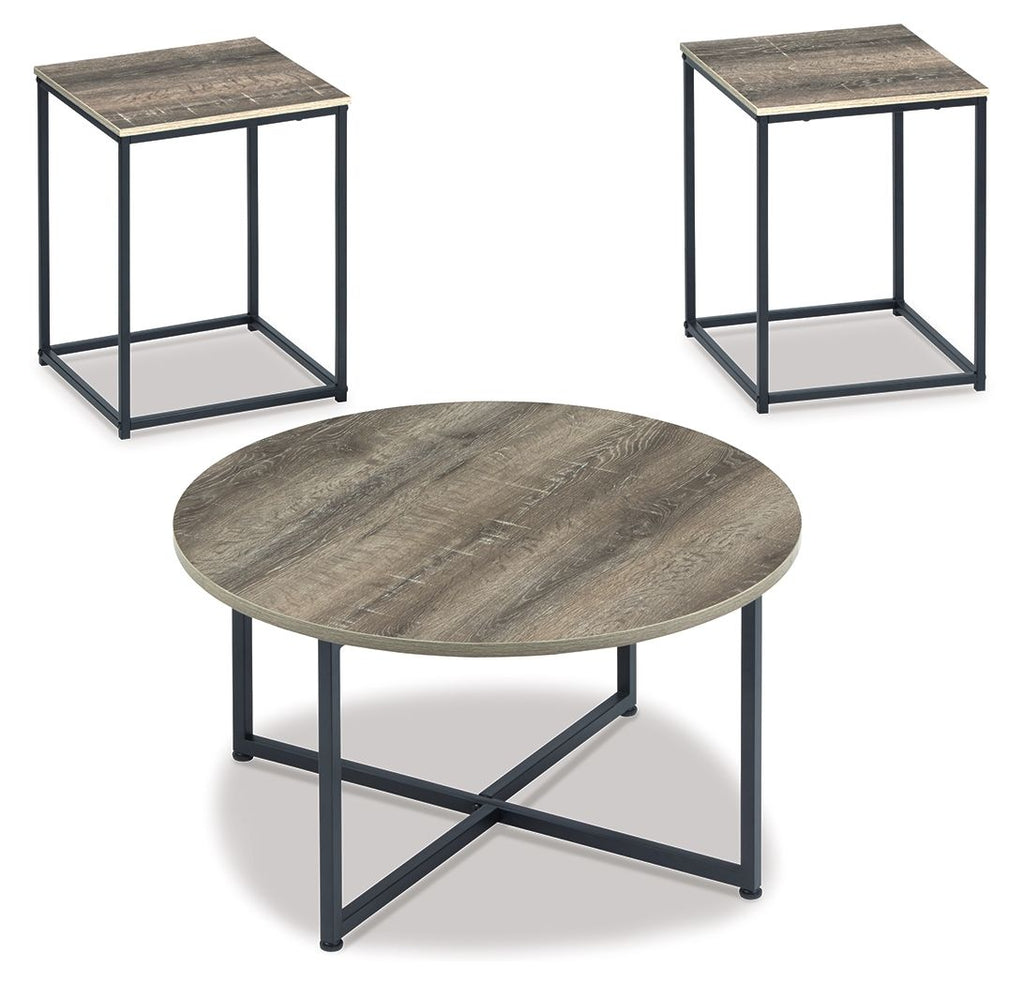 Occasional table set of 3 with round tabletop and dark metal frames, brown wood finish