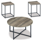 Occasional table set of 3 with round tabletop and dark metal frames, brown wood finish