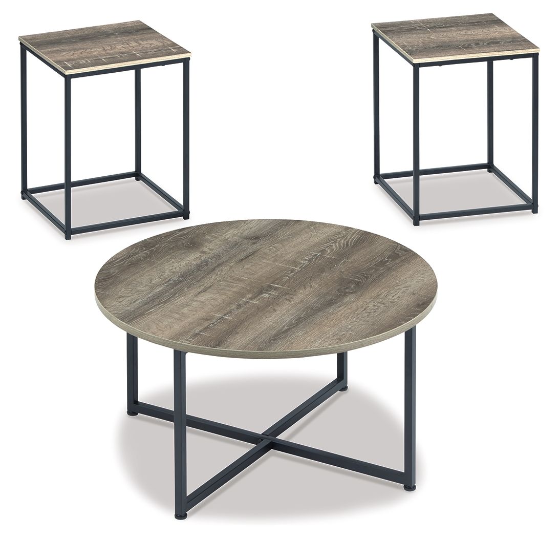 Occasional table set of 3 with round tabletop and dark metal frames, brown wood finish