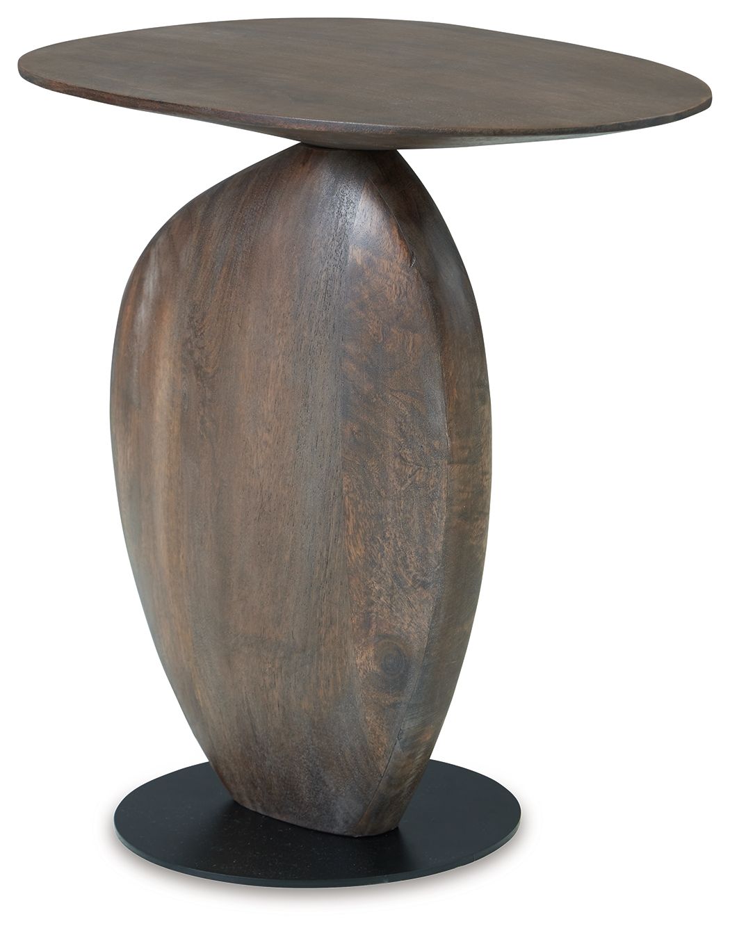 Round accent table angled view; dark brown oval pedestal with black circular base