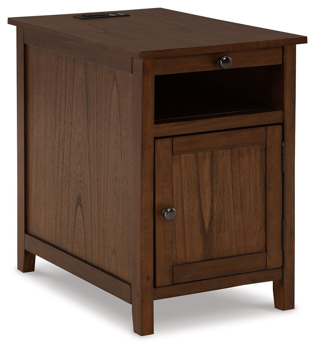 Dark brown chair side end table with open shelf, cabinet door, and drawer pull