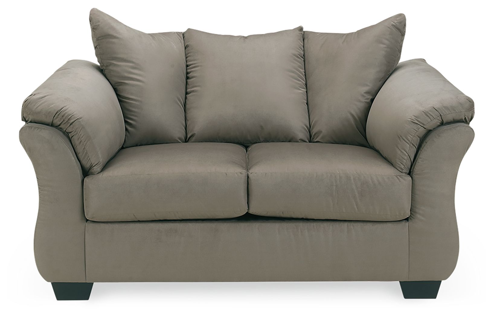 Darcy stationary loveseat in light gray fabric with two seat cushions and rolled arms
