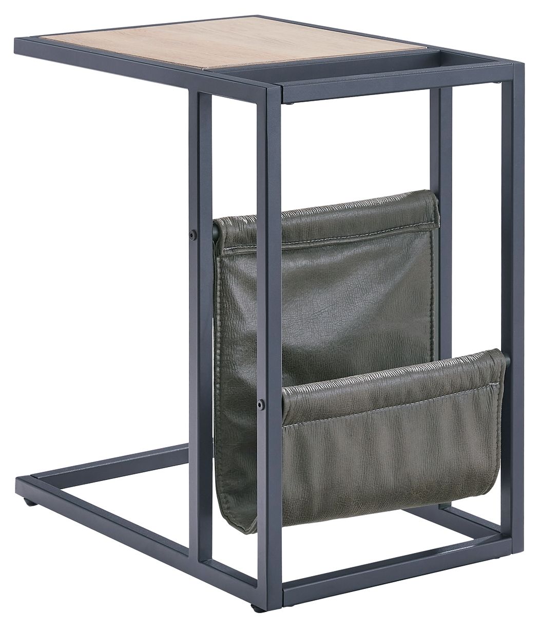 Chair side end table with light brown tabletop, black frame, and olive magazine basket