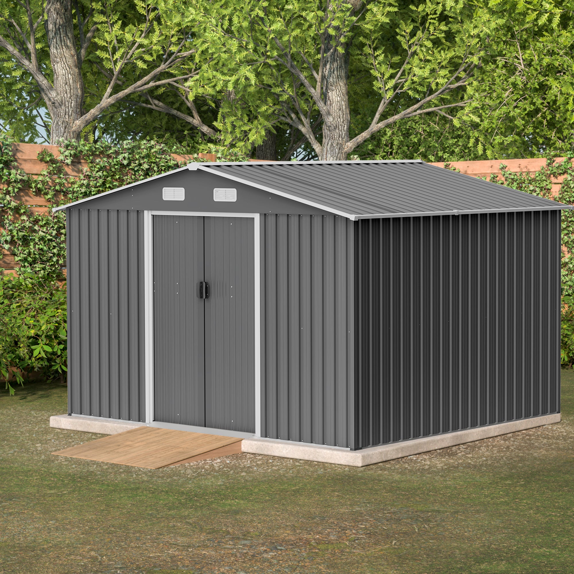 Grey Metal Storage Shed 10x8 FT - Lockable, With Foundation