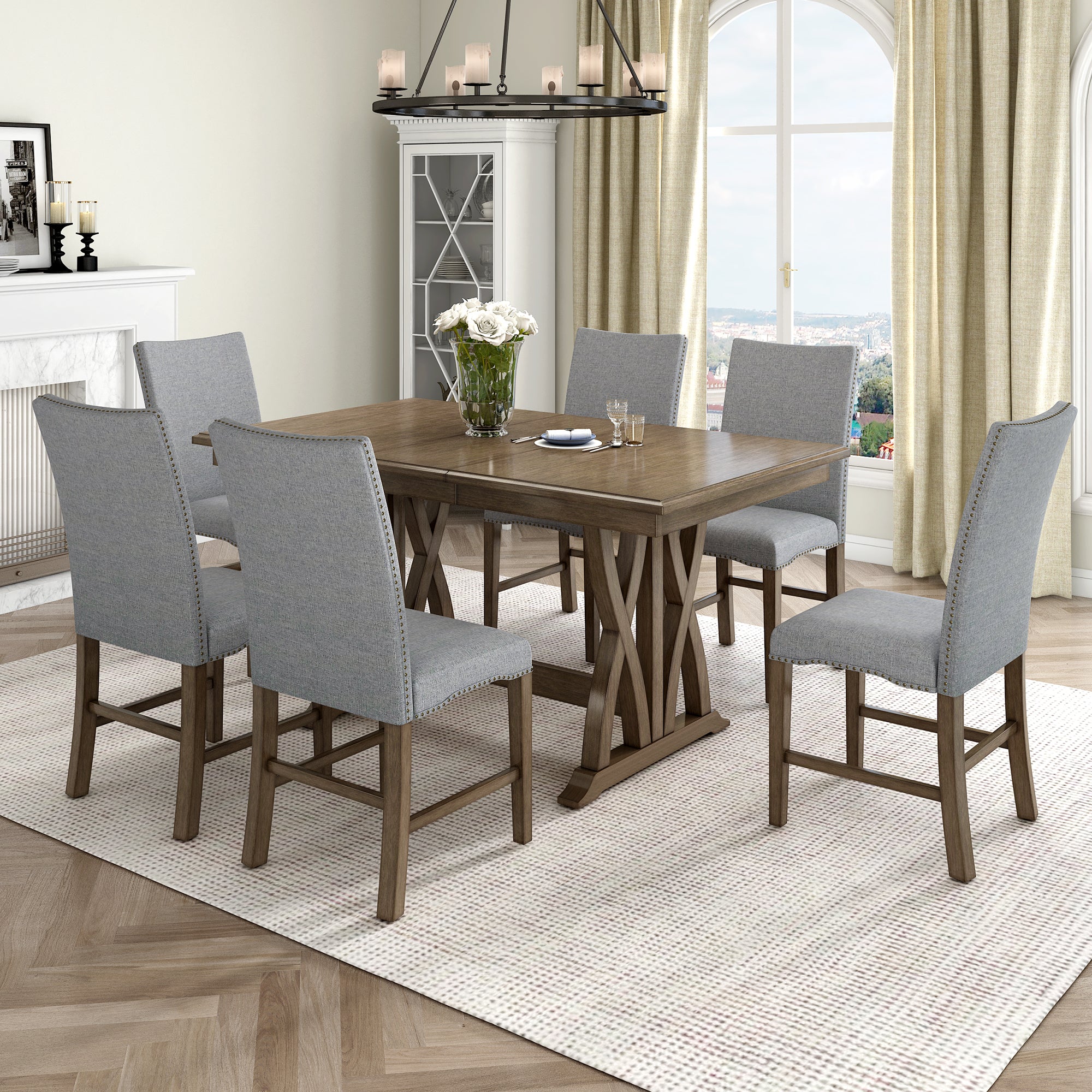 Mid-Century Solid Wood 7-Piece Extendable Dining Table Set - Golden Brown with Gray Cushion Upholstered Chairs, Includes 12" Leaf