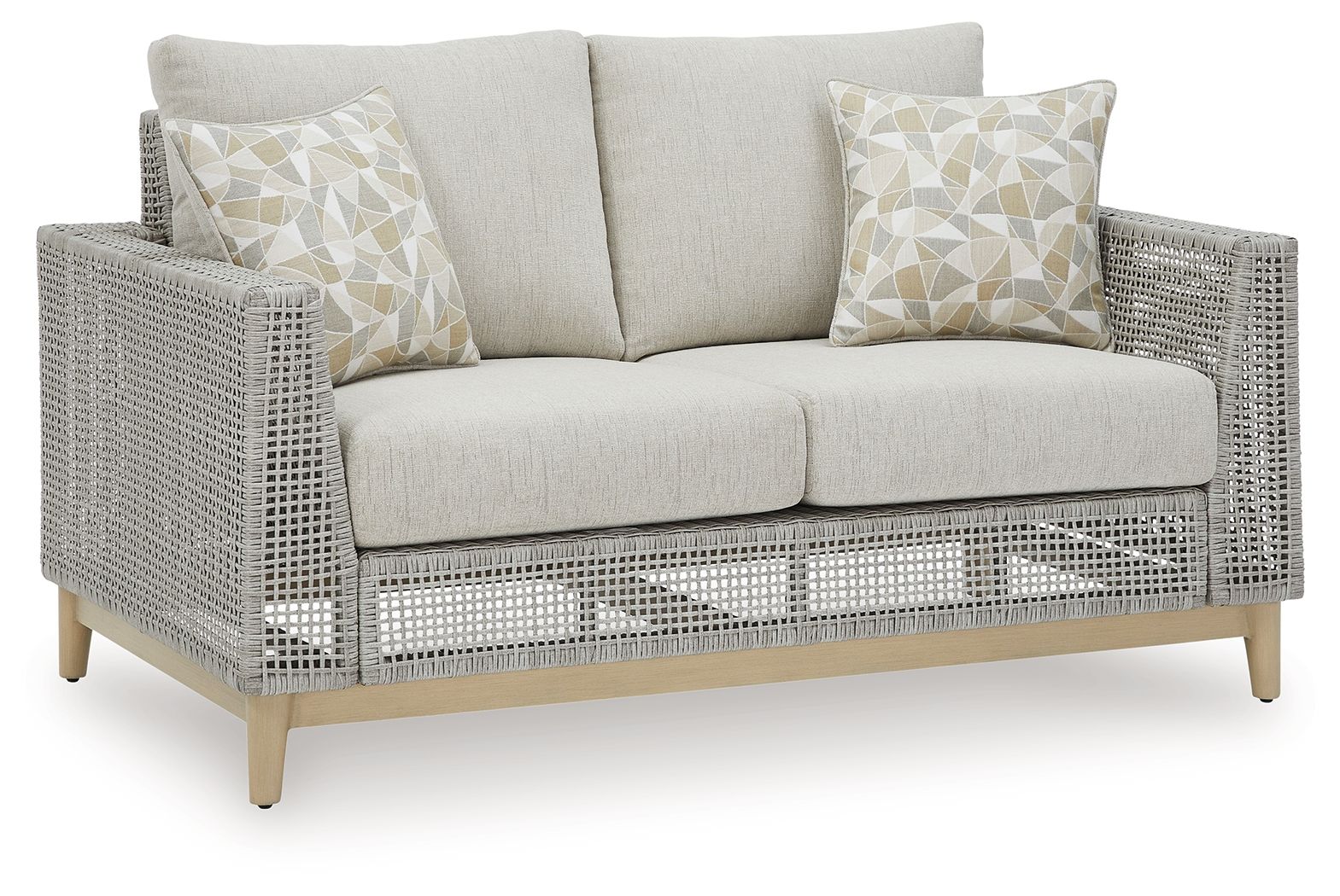Gray woven loveseat with two seat cushions and three light patterned throw pillows