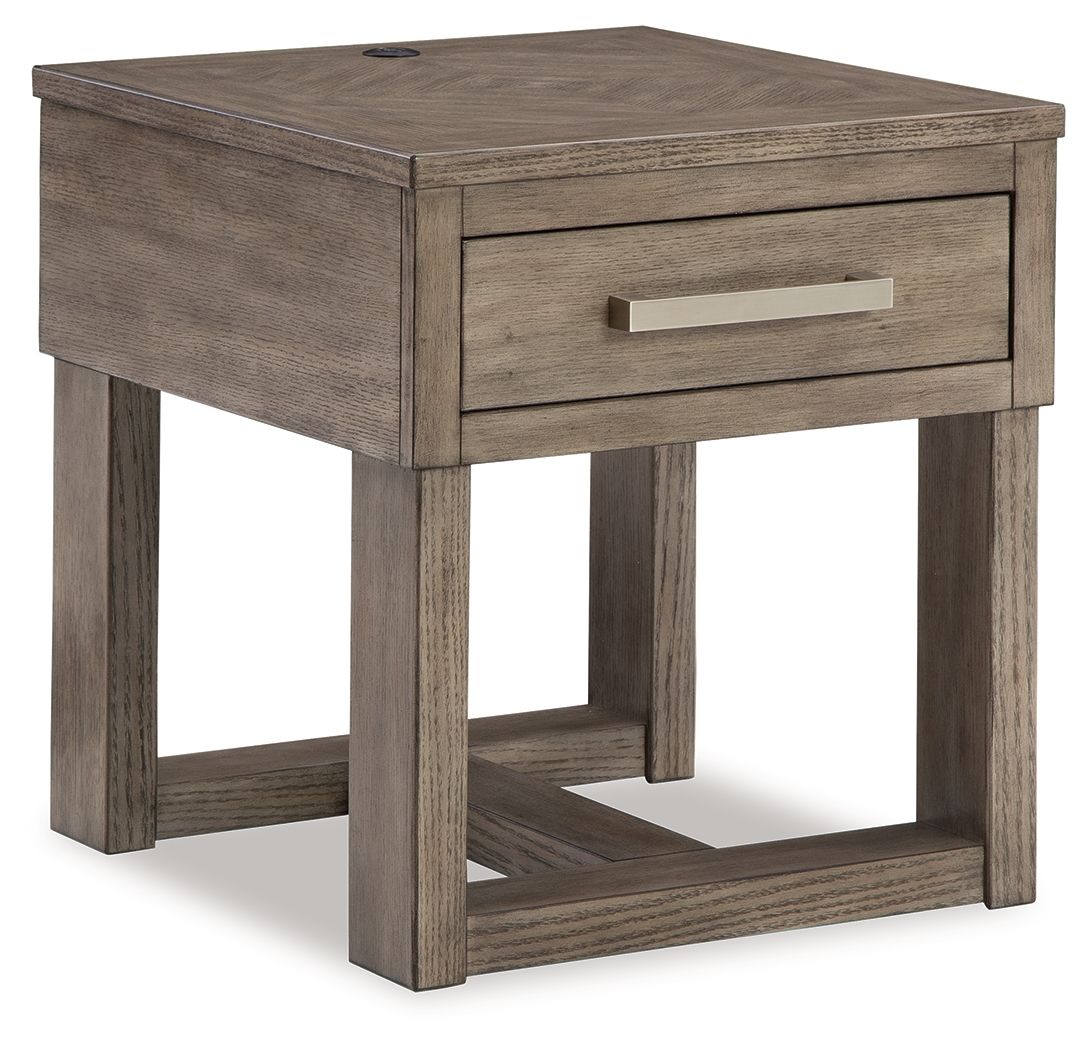 Loyaska grayish brown rectangular end table with one drawer and open shelf