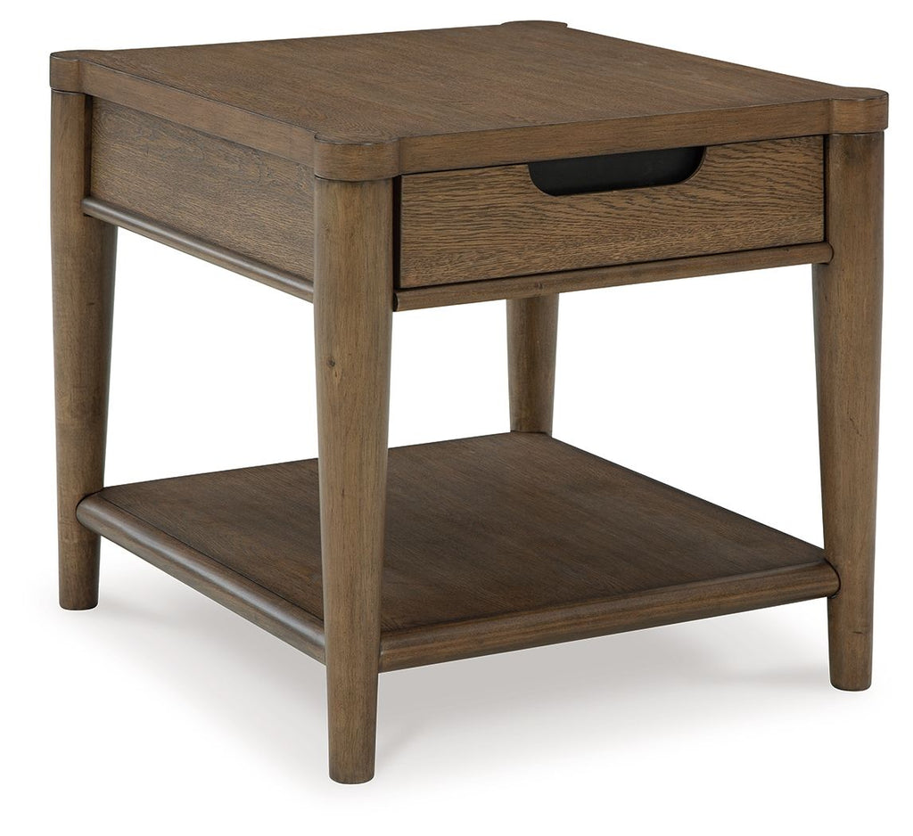 Brown rectangular end table with a drawer and lower shelf