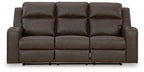 Reclining sofa with drop-down table, dark brown textured upholstery, three seat cushions