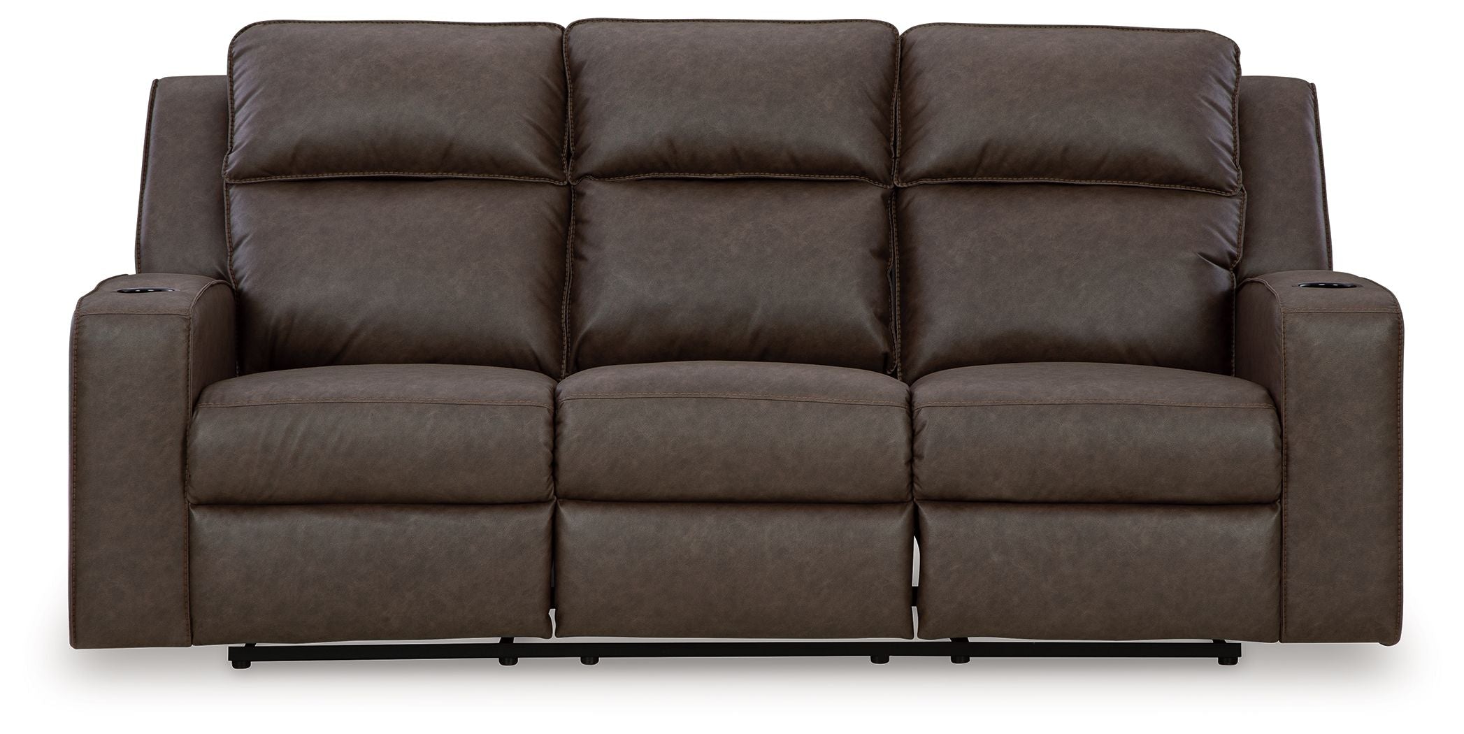 Reclining sofa with drop-down table, dark brown textured upholstery, three seat cushions