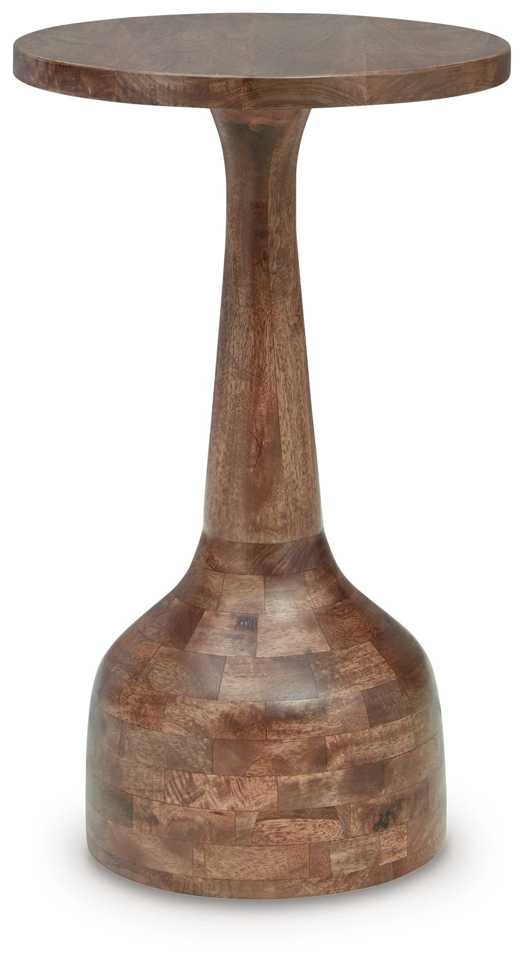 Medium brown accent table with round top and pedestal base, wood-grain pattern