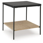 Black accent table with two-tier design, dark tabletop and beige lower shelf