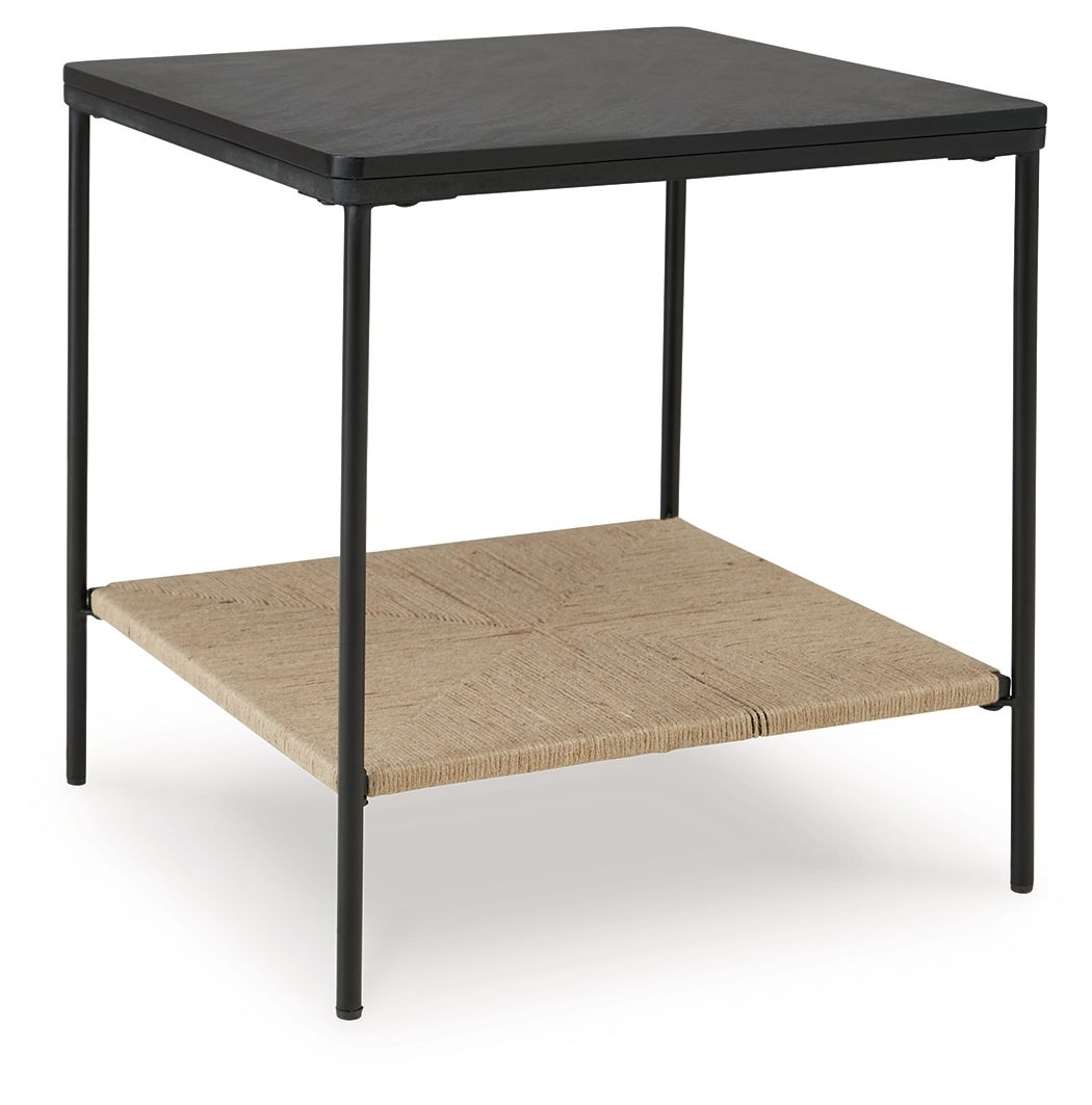 Black accent table with two-tier design, dark tabletop and beige lower shelf
