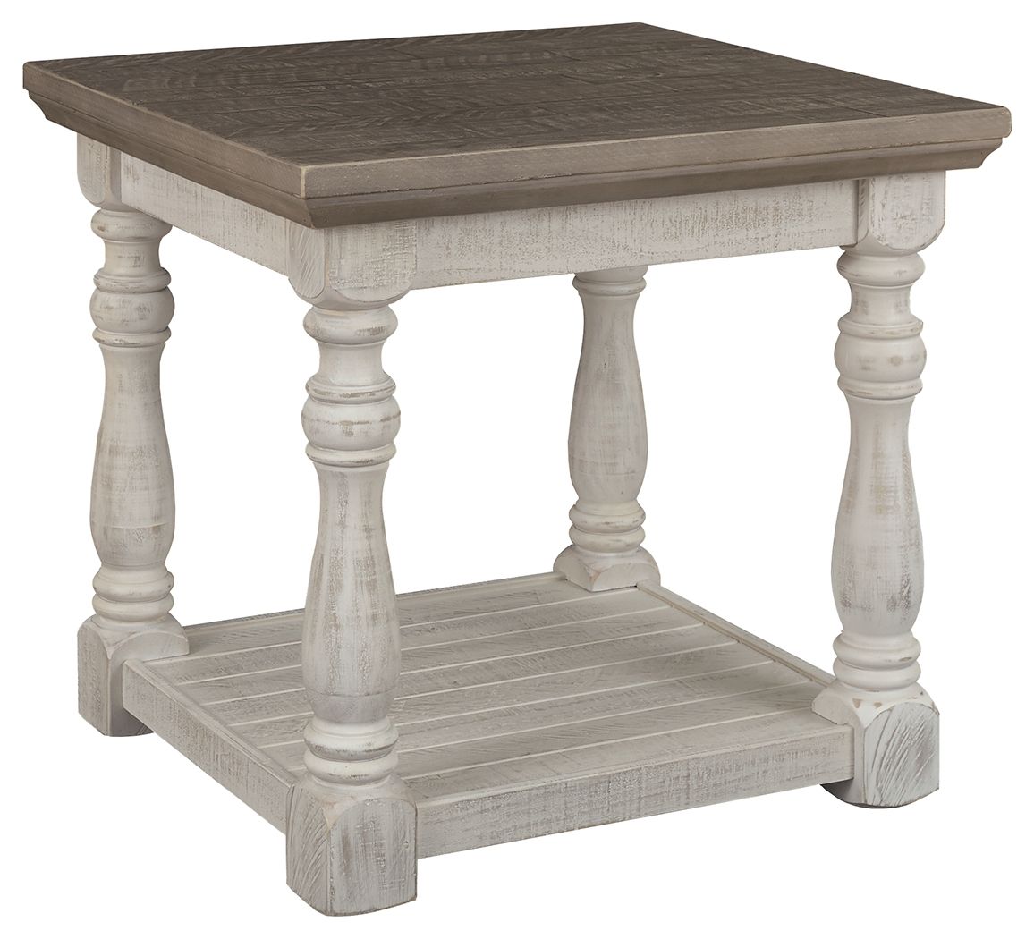 Rectangular end table with gray top, white turned legs, and lower display shelf