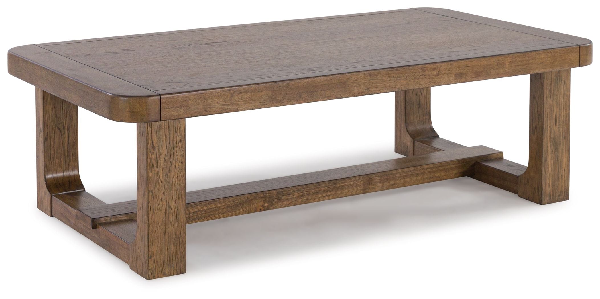 Rectangular light brown wood cocktail table with lower shelf and chunky legs