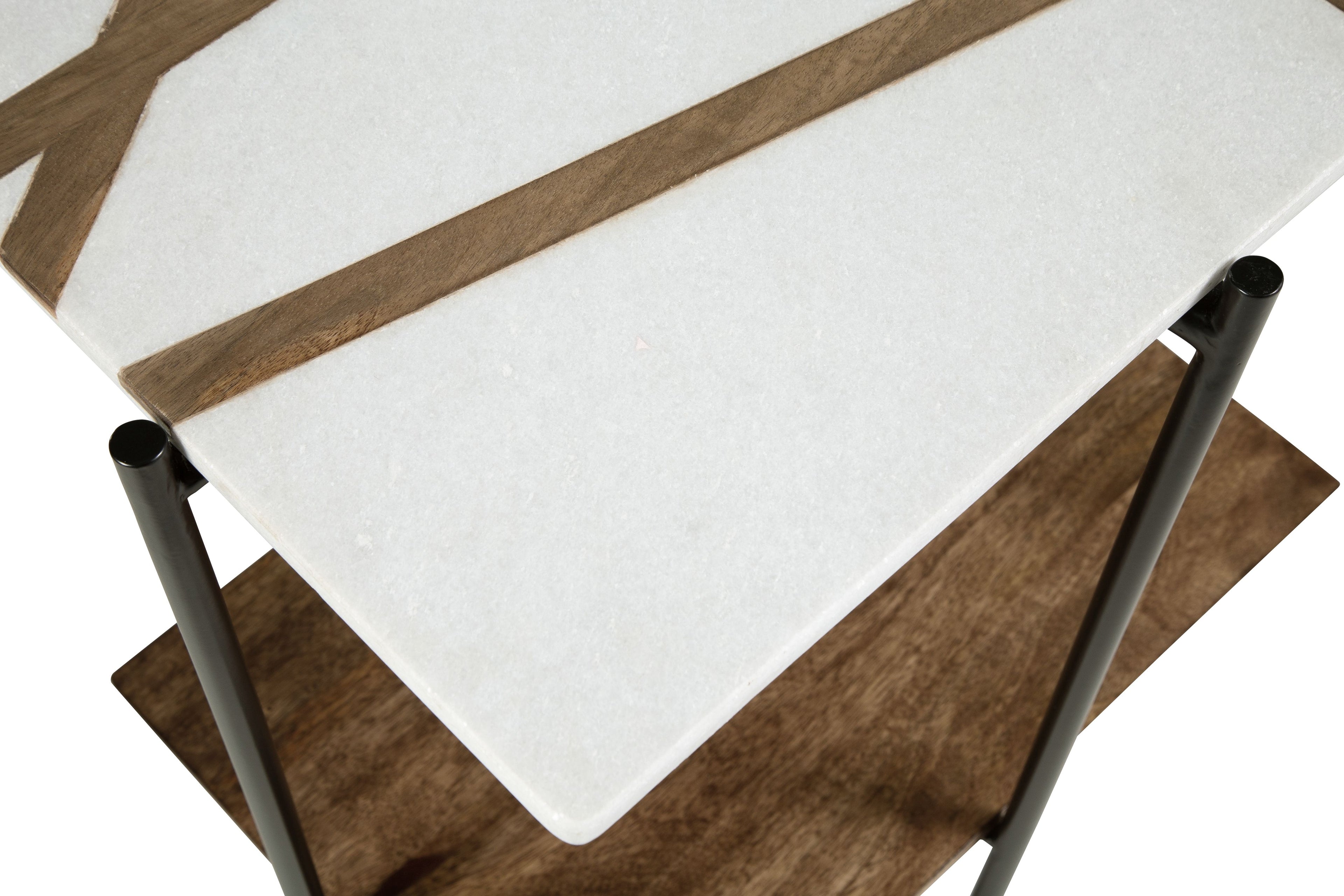 Accent table corner detail: white top, light brown base, and black angled legs.