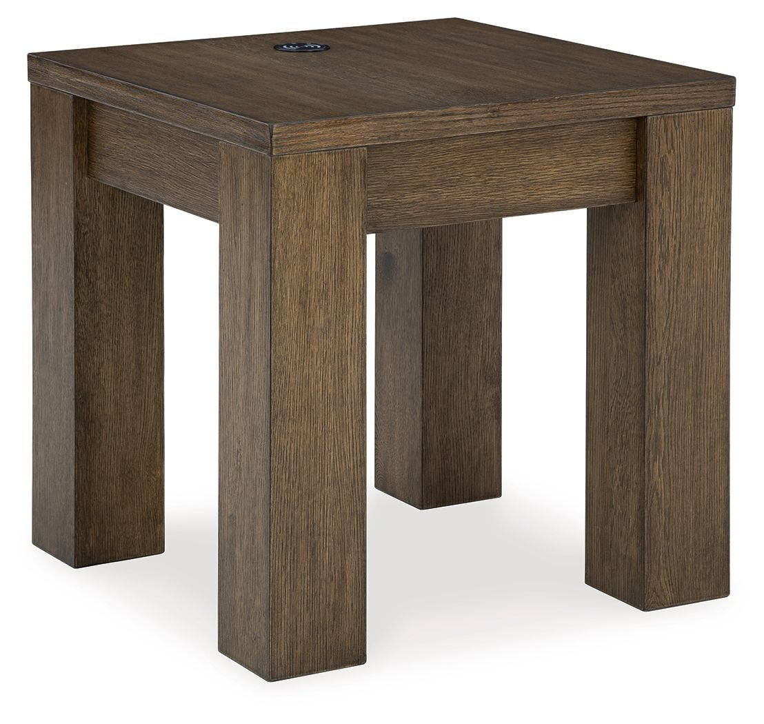 Warm brown square end table with wood top and four straight legs