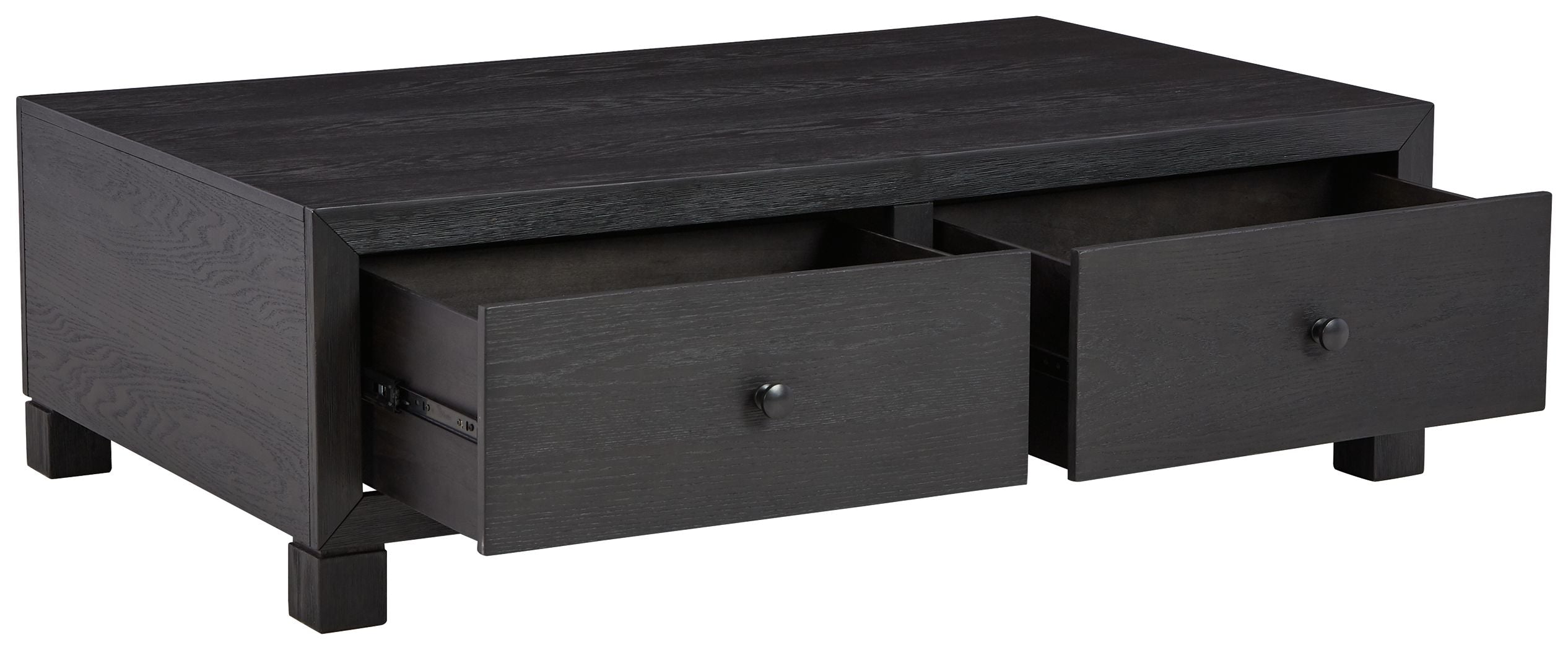 Dark wood cocktail table with storage drawer fronts, one drawer open and two pulls