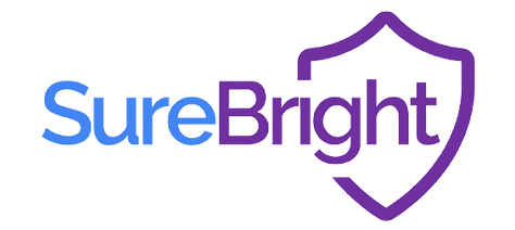SureBright warranty powered shield logo with blue and purple text