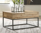 Light wood lift-top cocktail table with black metal base and open storage area