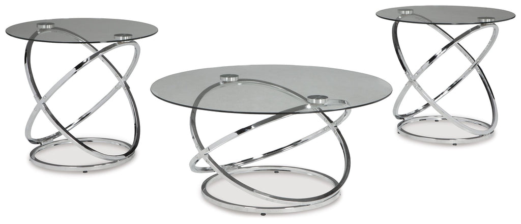Chrome occasional table set, three round glass tops, crossed metal bases