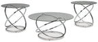 Chrome occasional table set, three round glass tops, crossed metal bases
