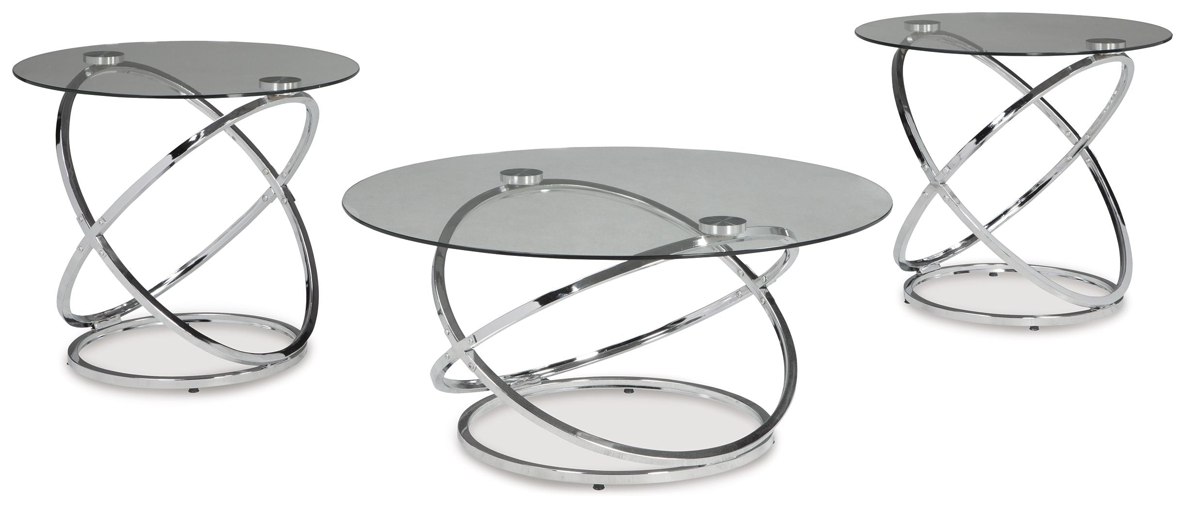 Chrome occasional table set, three round glass tops, crossed metal bases