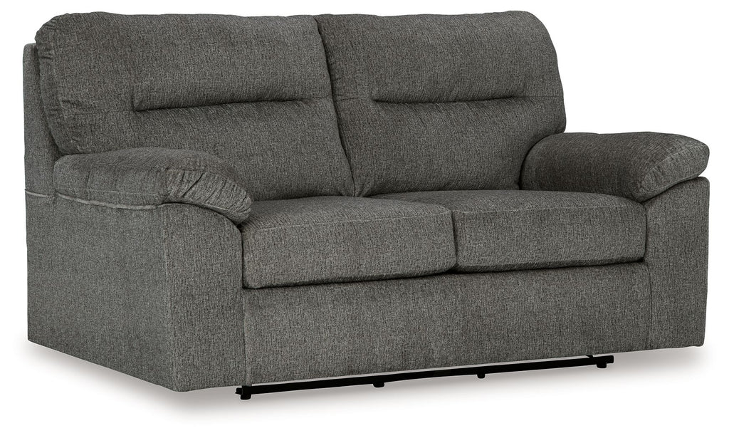 Glider loveseat, dark gray fabric with padded arms, seat and two back cushions