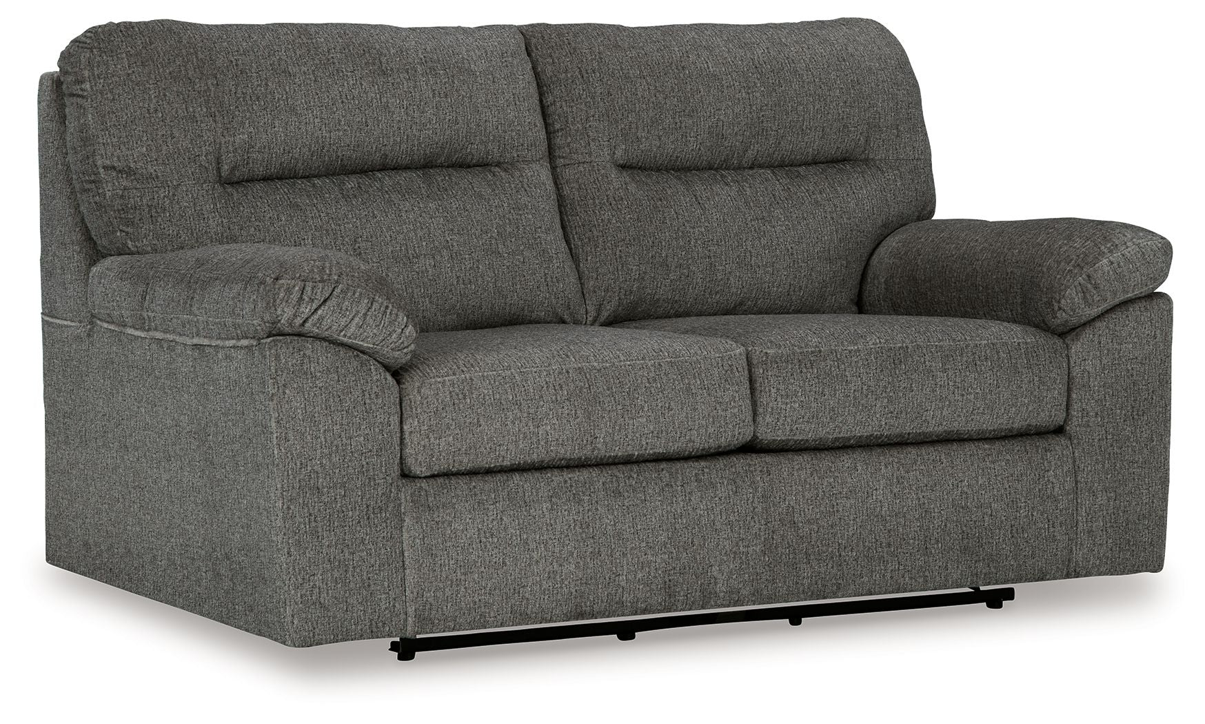 Glider loveseat, dark gray fabric with padded arms, seat and two back cushions