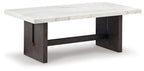 Rectangular cocktail table with white marble-look top and dark brown sides