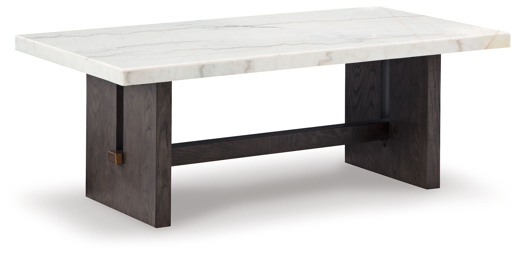 Rectangular cocktail table with white marble-look top and dark brown sides