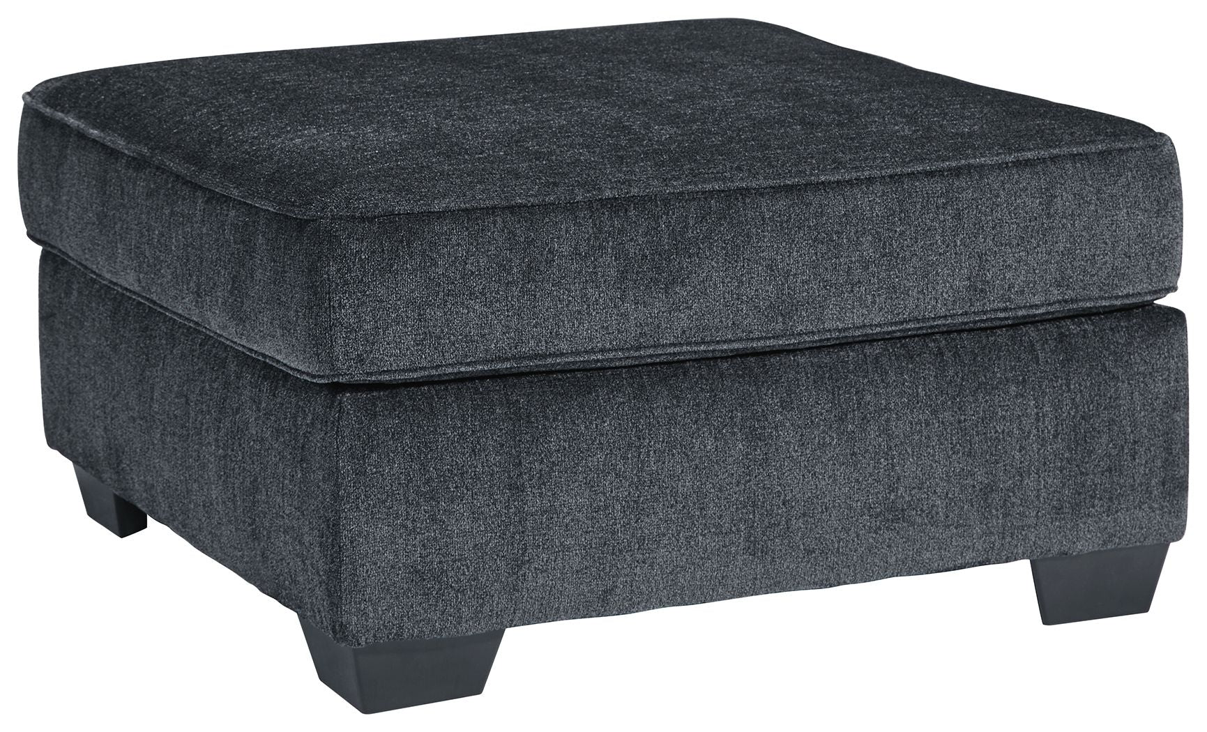 Dark gray upholstered accent ottoman with padded seat and square tapered legs