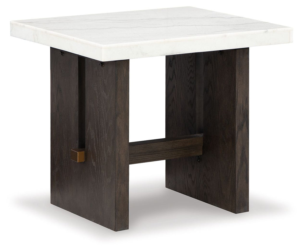 Burkhaus rectangular end table with white marble-look top and dark brown wood base