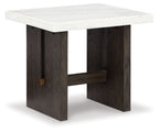 Burkhaus rectangular end table with white marble-look top and dark brown wood base