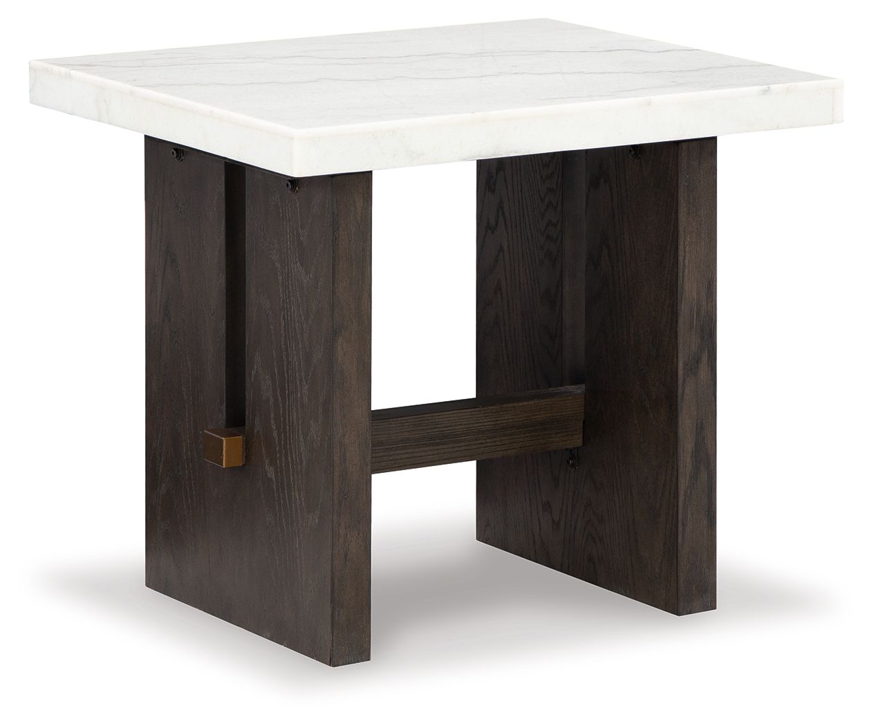 Burkhaus rectangular end table with white marble-look top and dark brown wood base