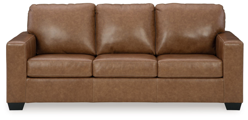 Caramel queen sofa sleeper with three-seat back and square arms
