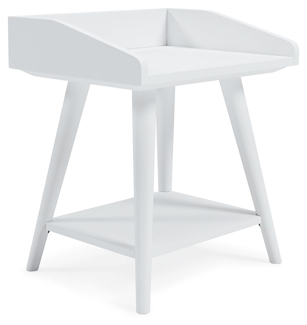 White accent table with curved side panels and lower shelf
