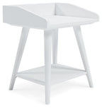 White accent table with curved side panels and lower shelf