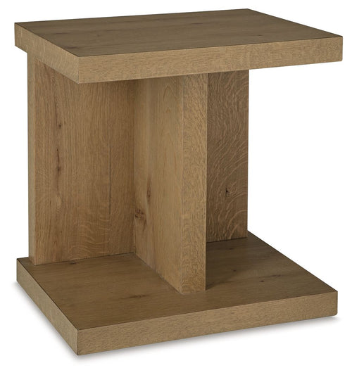 Brinstead chair side end table, light brown wood, square top and lower shelf