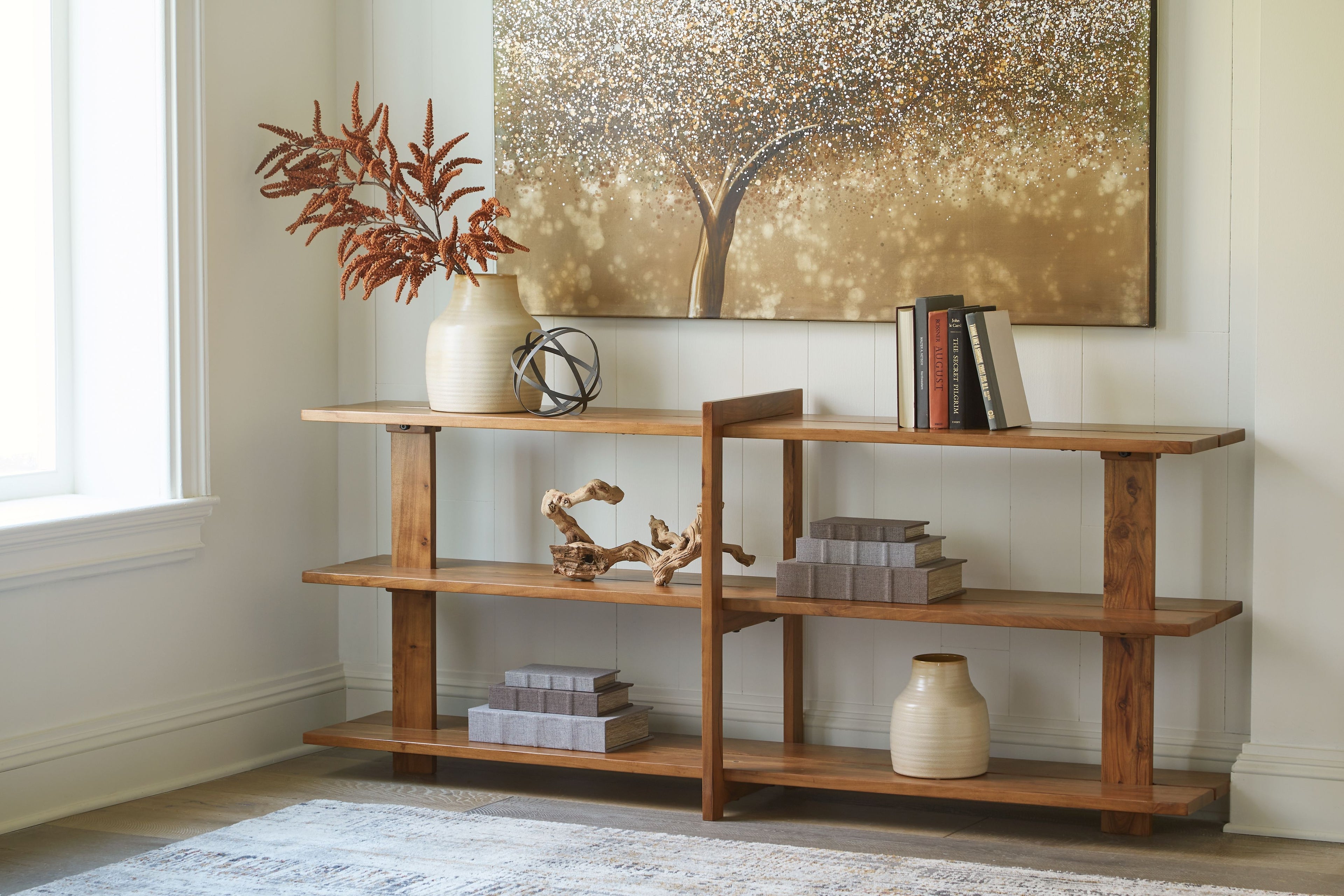 Brown wood console sofa table with two open shelves and a slim frame.